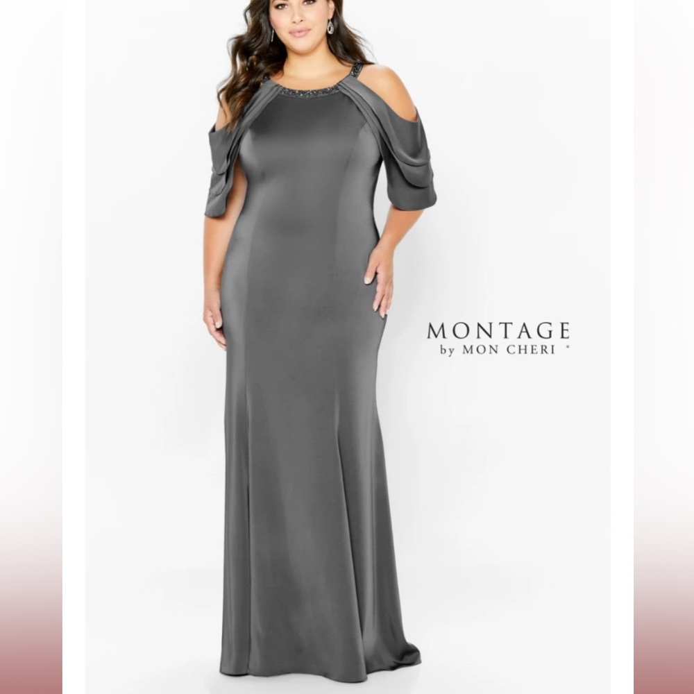 NEW Montage by Mon Cheri Charcoal Gray Formal Evening Gown Style 120906 Size 10